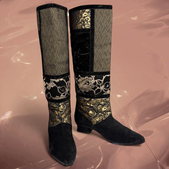 American Vintage Shoes - Vintage Black Suede & Gold Tapestry Knee-High Boots Velvet Brocade Statement 7B